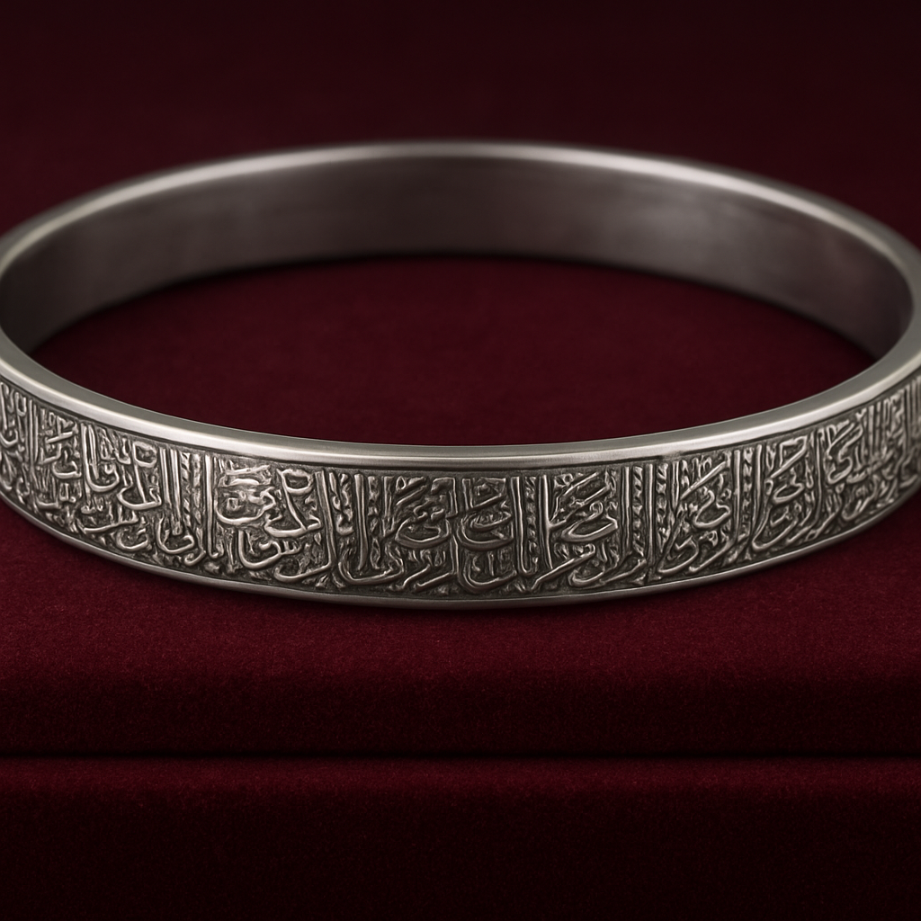 Silver bracelet with intricate designs on a red background