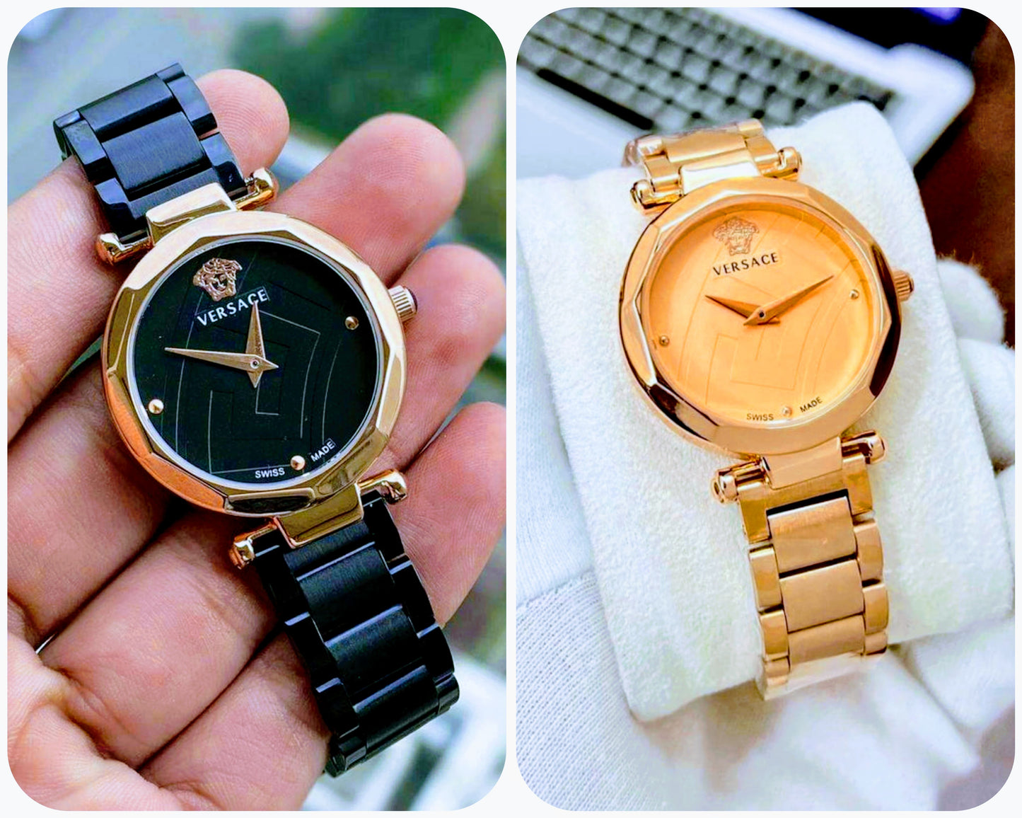 Versace Party Wear Women Black & Rose Gold Watch Fashionwheel